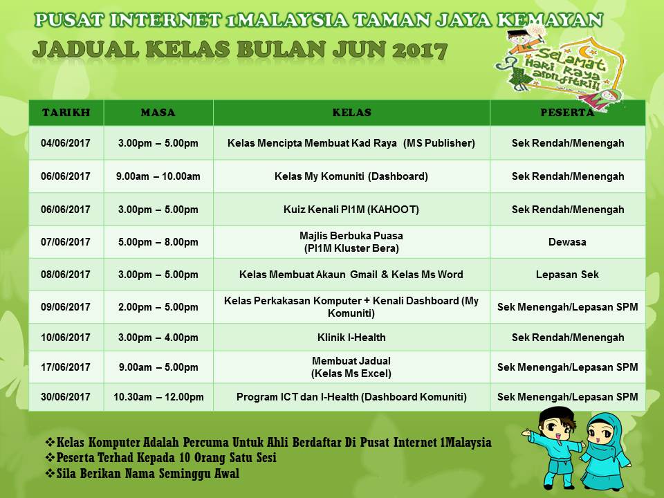 JADUAL KELAS BULAN JUN 2017