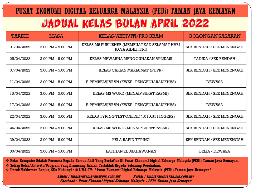 JADUAL KELAS BULAN APRIL 2022