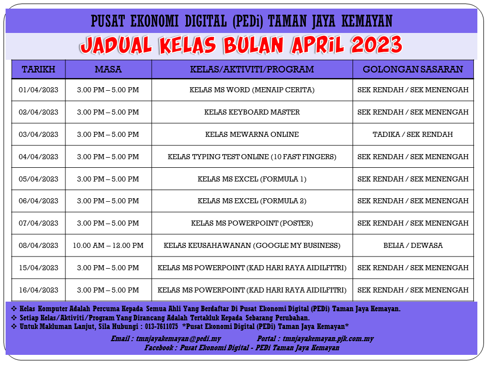 JADUAL KELAS BULAN APRIL 2023