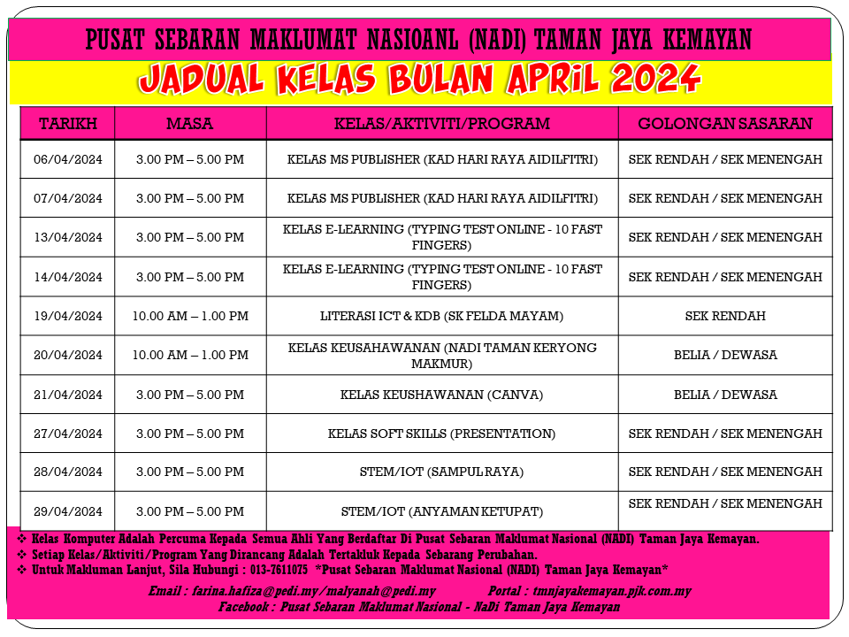 JADUAL KELAS BULAN APRIL 2024