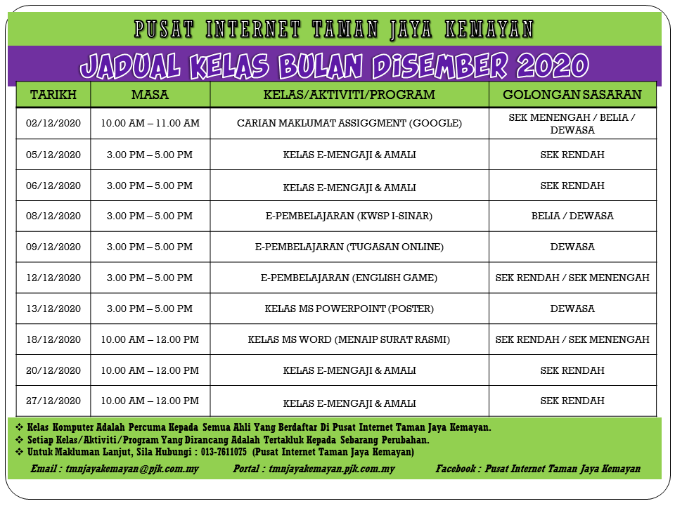 JADUAL KELAS BULAN DISEMBER 2020