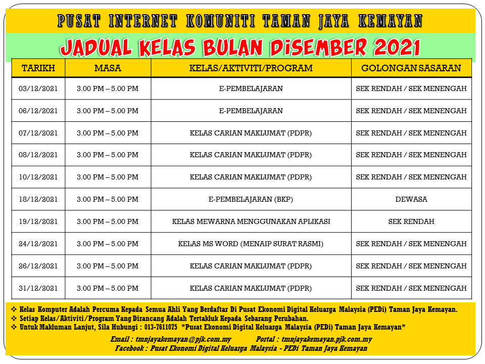 JADUAL KELAS BULAN DISEMBER 2021