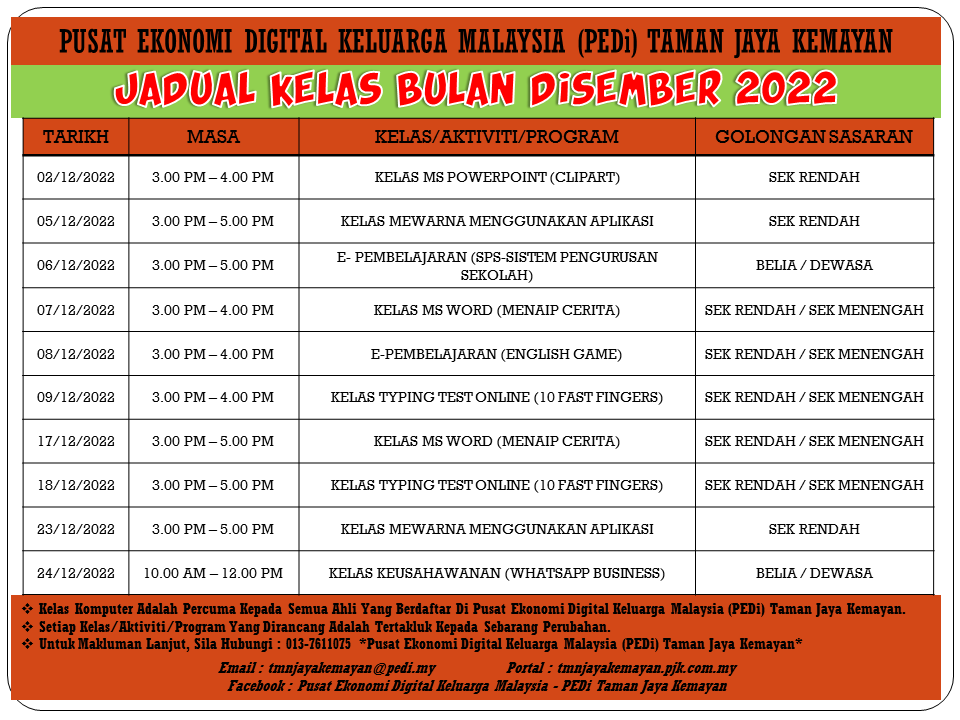 JADUAL KELAS BULAN DISEMBER 2022