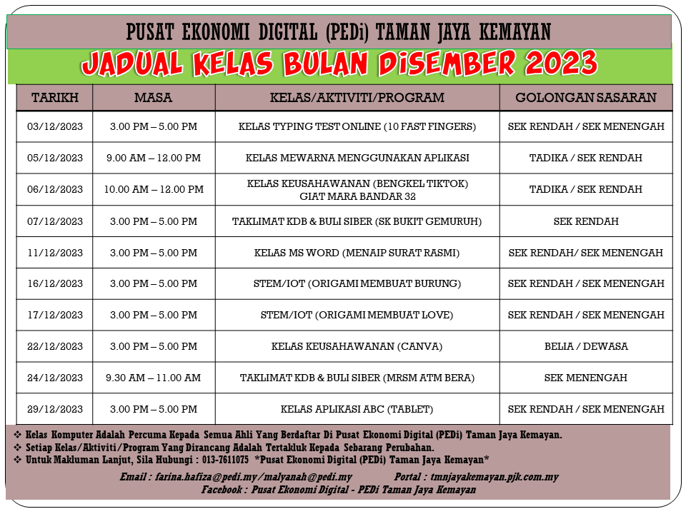 JADUAL KELAS BULAN DISEMBER 2023