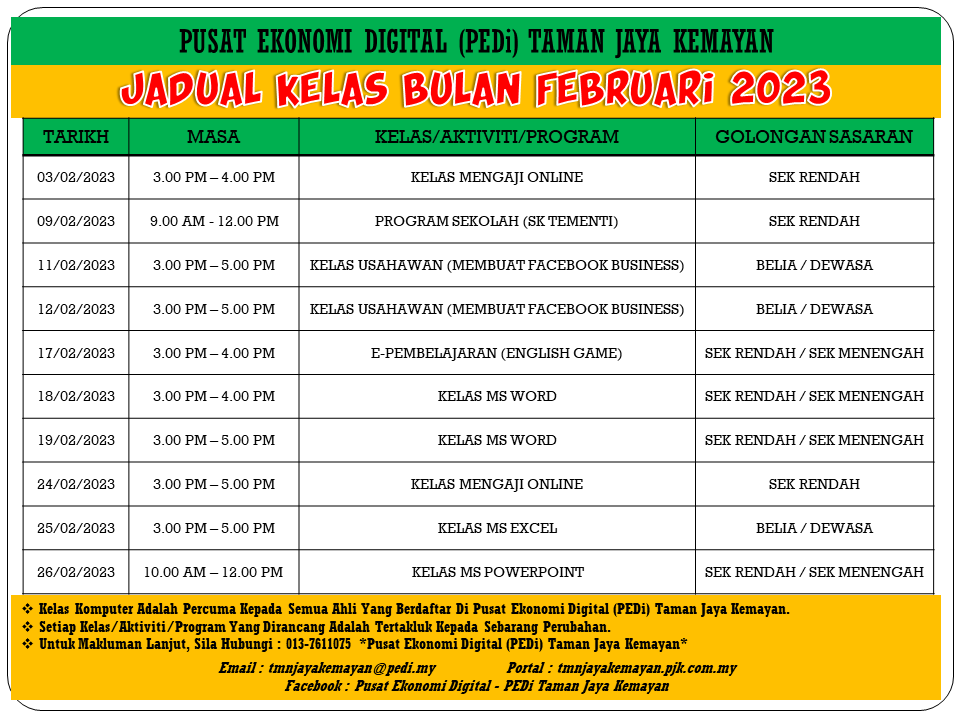 JADUAL KELAS BULAN FEBRUARI 2023