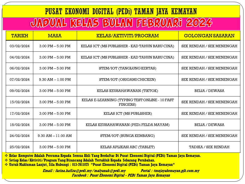 JADUAL KELAS BULAN FEBRUARI 2024