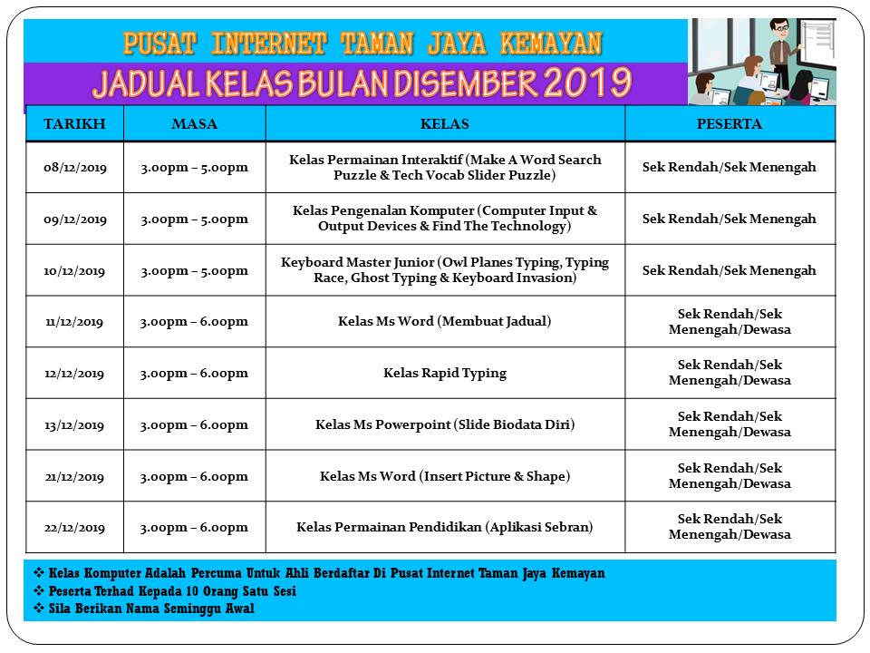 JADUAL KELAS BULAN DISEMBER 2019