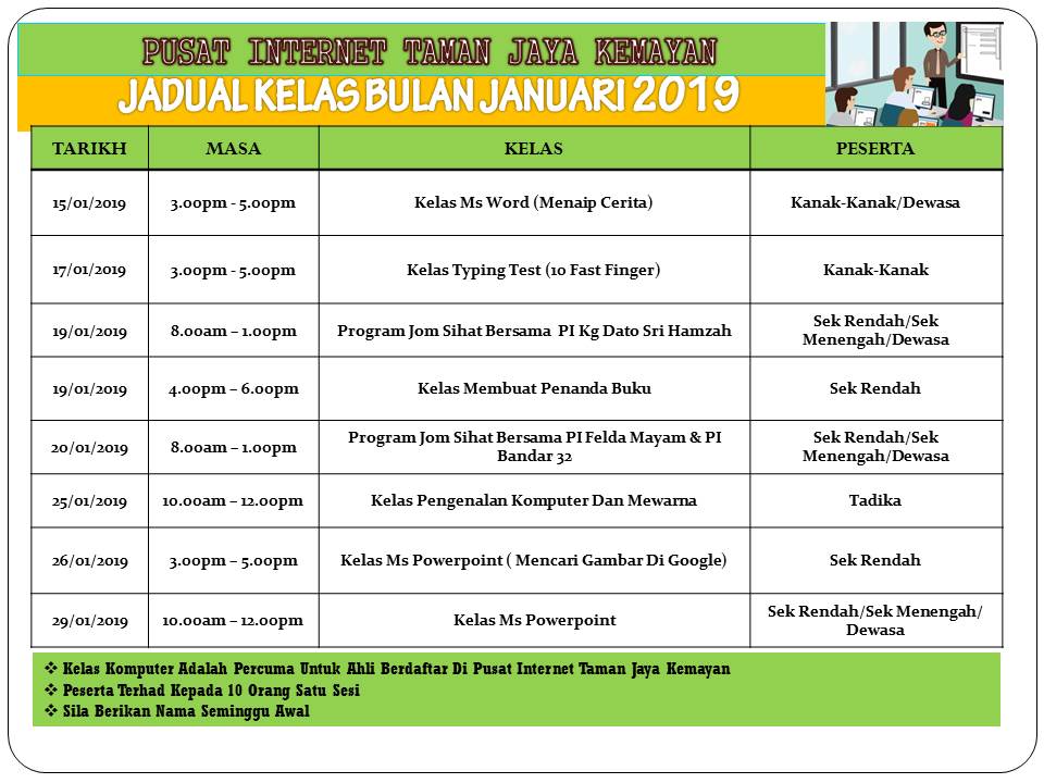 JADUAL KELAS BULAN JANUARI 2019