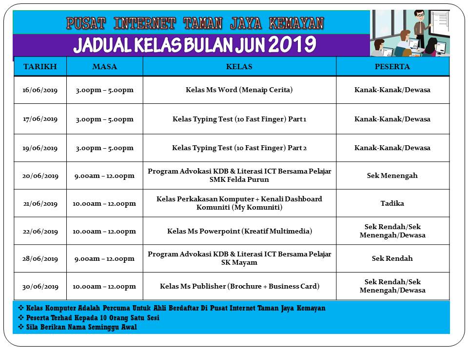 JADUAL KELAS BULAN JUN 2019