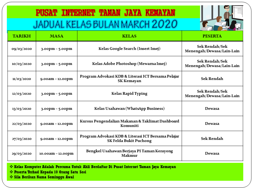 JADUAL KELAS BULAN MARCH 2020