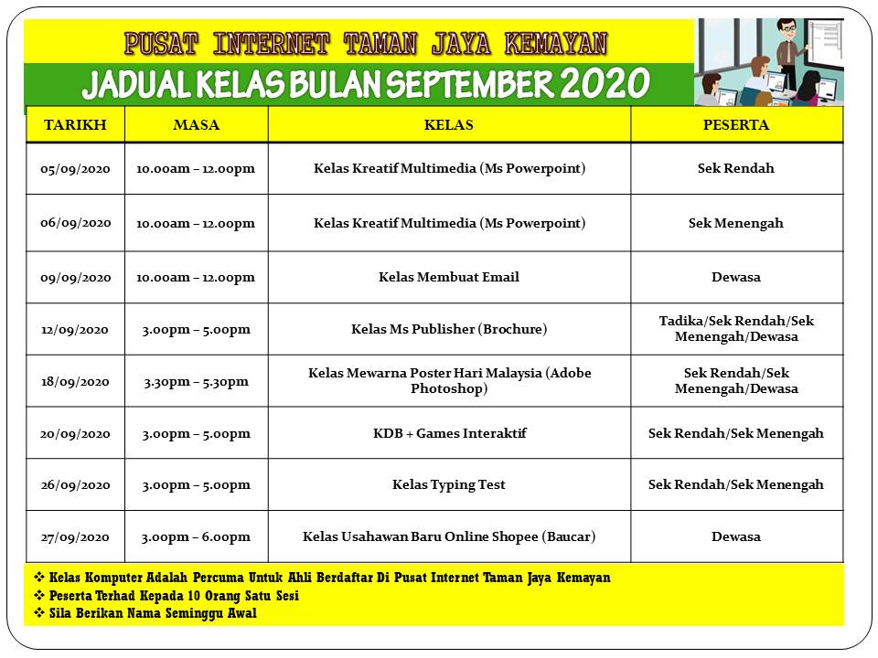 JADUAL KELAS BULAN SEPTEMBER 2020