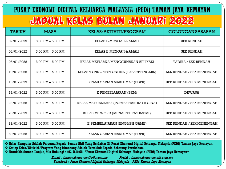 JADUAL KELAS BULAN JANUARI 2021