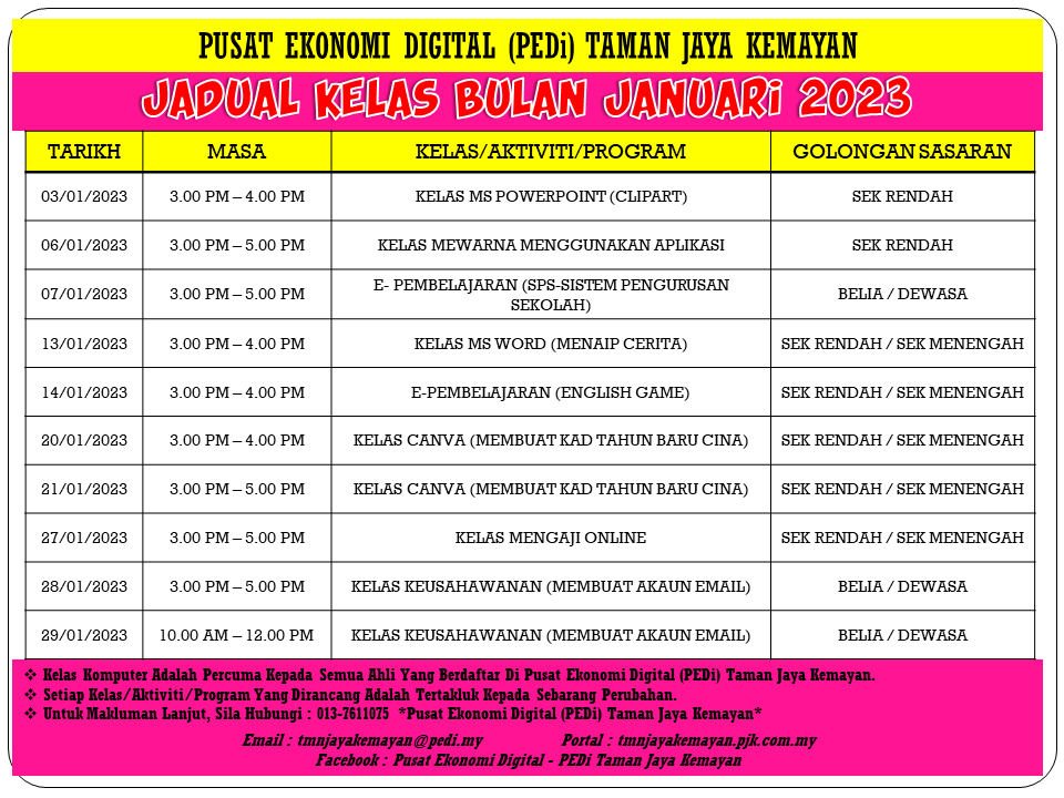 JADUAL KELAS BULAN JANUARI 2023