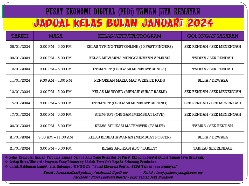 JADUAL KELAS BULAN JANUARI 2024