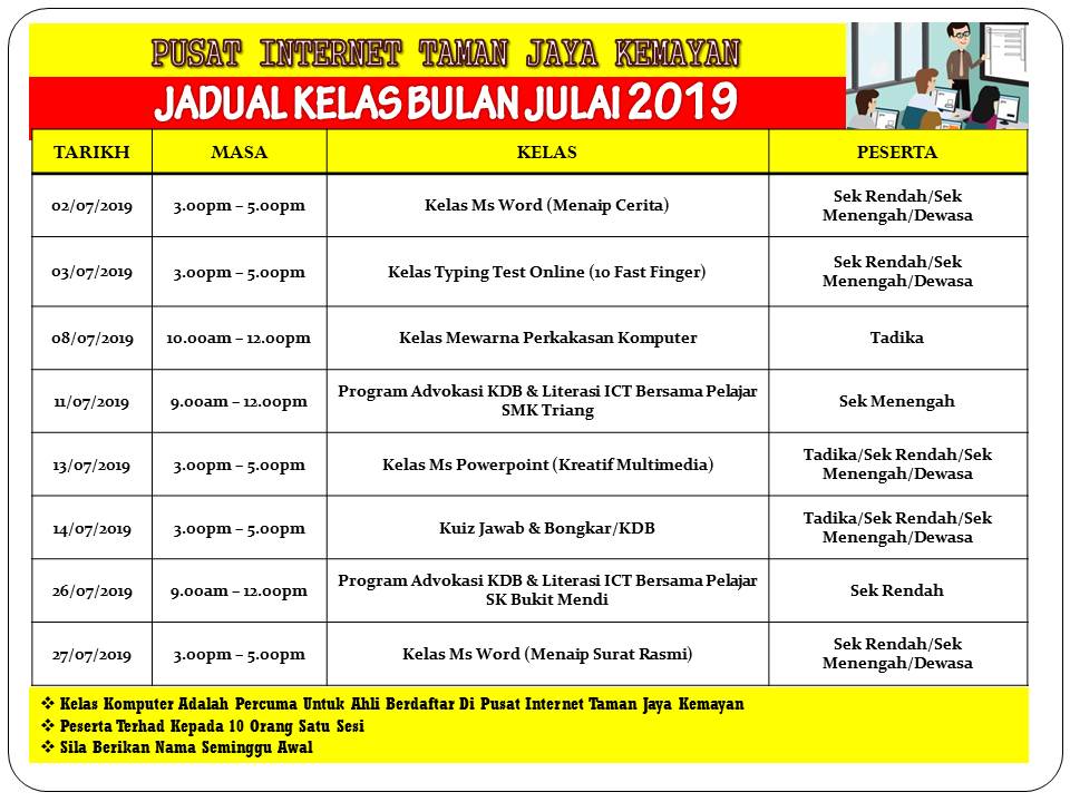 JADUAL KELAS BULAN JULAI 2019