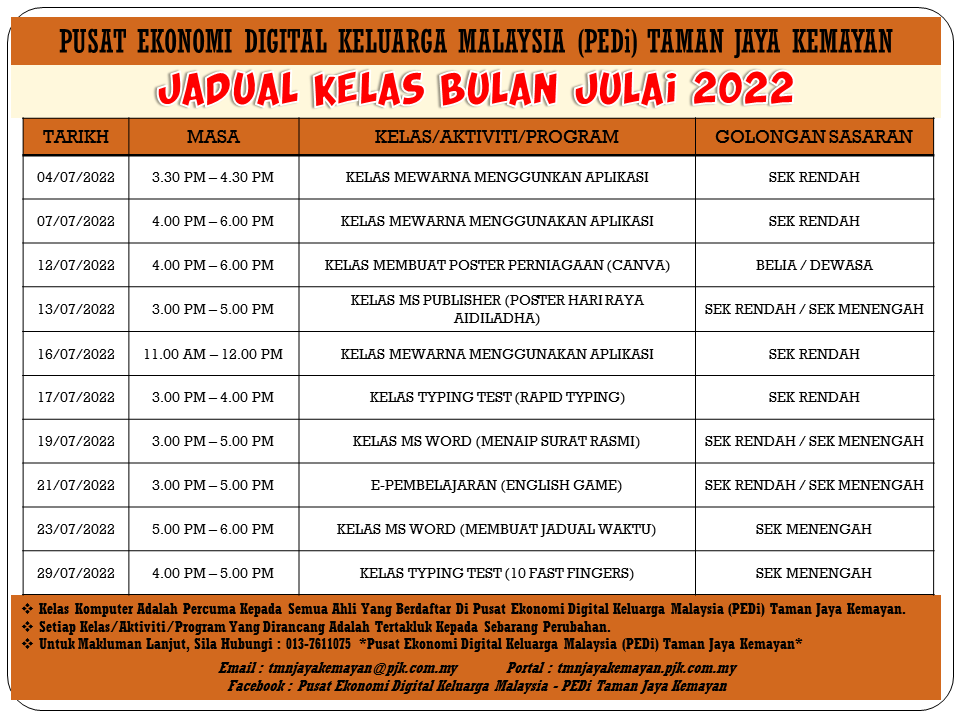 JADUAL KELAS BULAN JULAI 2022