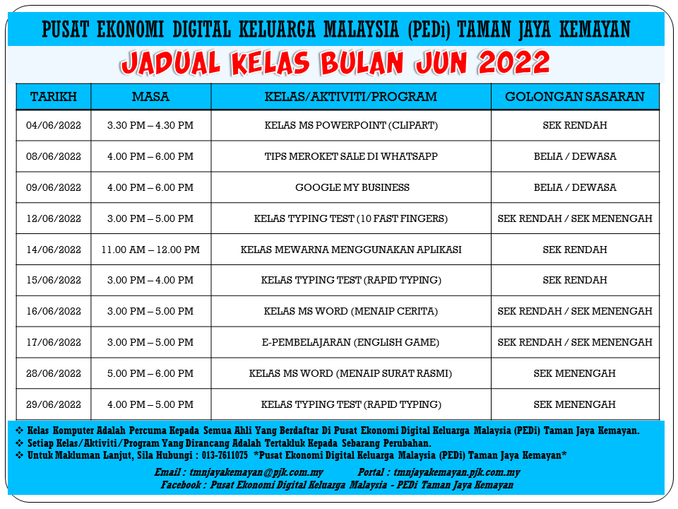 JADUAL KELAS BULAN JUN 2022