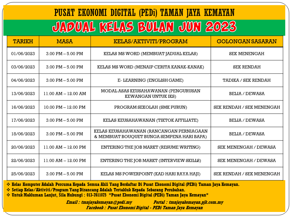 JADUAL KELAS BULAN JUN 2023