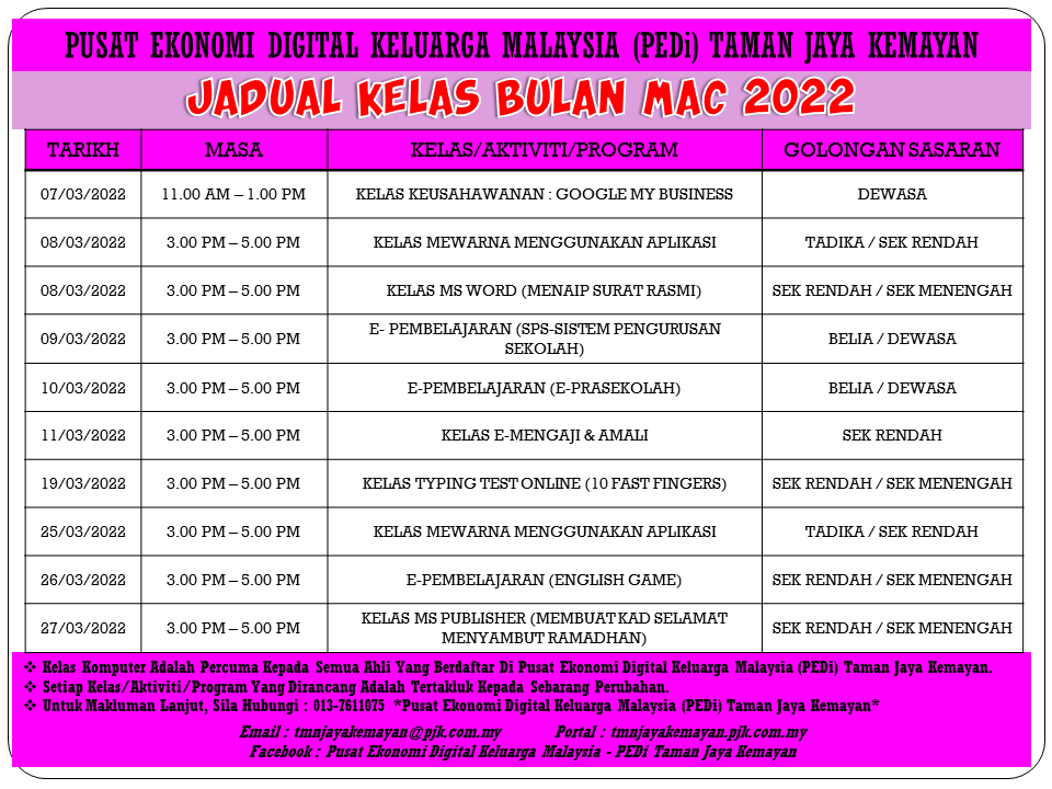 JADUAL KELAS BULAN MAC 2022