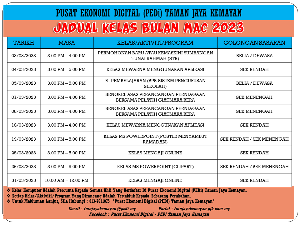 JADUAL KELAS BULAN MAC 2023