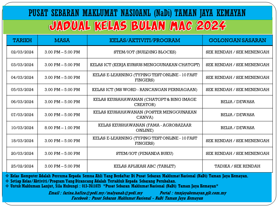 JADUAL KELAS BULAN MAC 2024