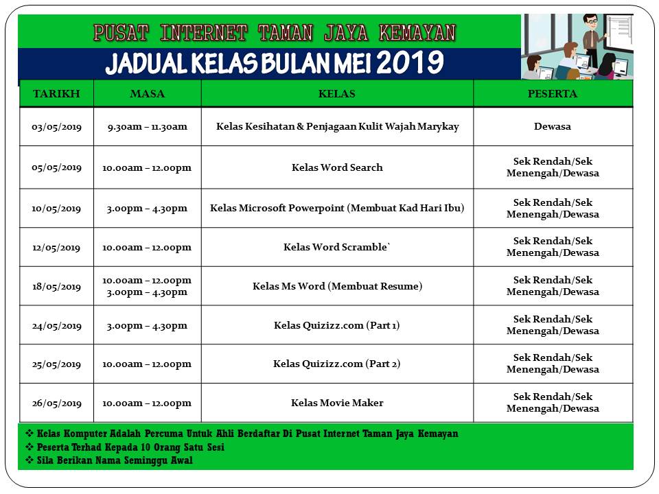 JADUAL KELAS BULAN MEI 2019