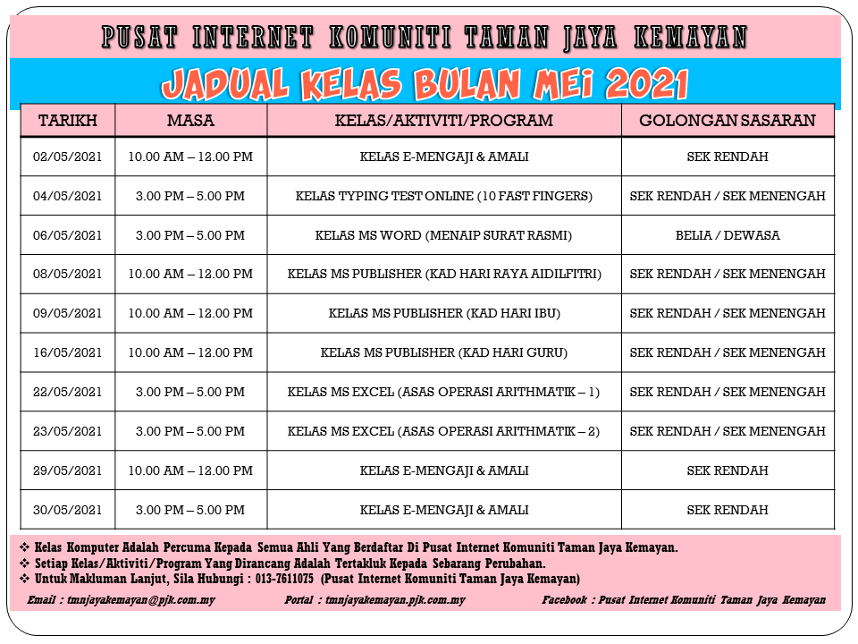 JADUAL KELAS BULAN MEI 2021