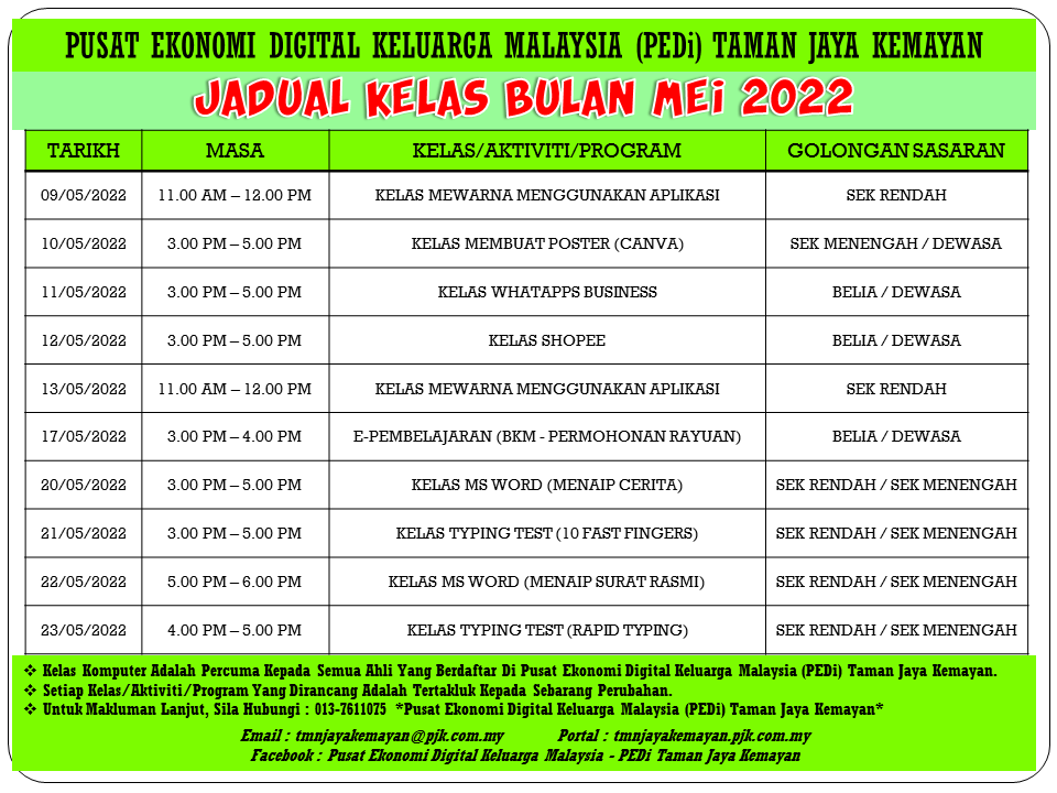 JADUAL KELAS BULAN MEI 2022