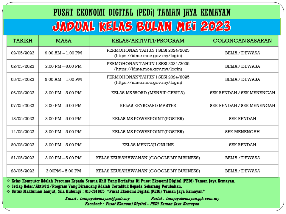 JADUAL KELAS BULAN MEI 2023