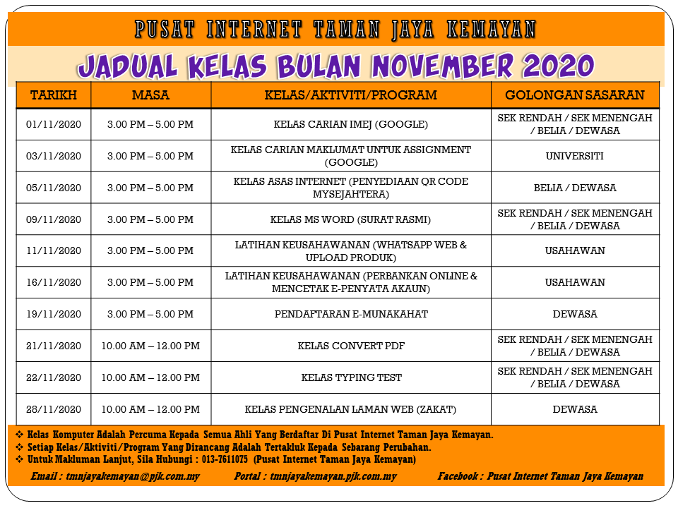 JADUAL KELAS BULAN NOVEMBER 2020