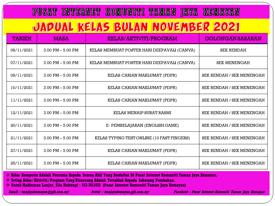 JADUAL KELAS BULAN NOVEMBER 2021