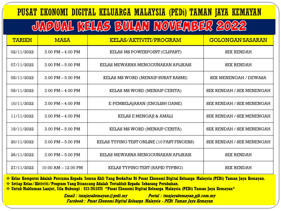 JADUAL KELAS BULAN NOVEMBER 2022