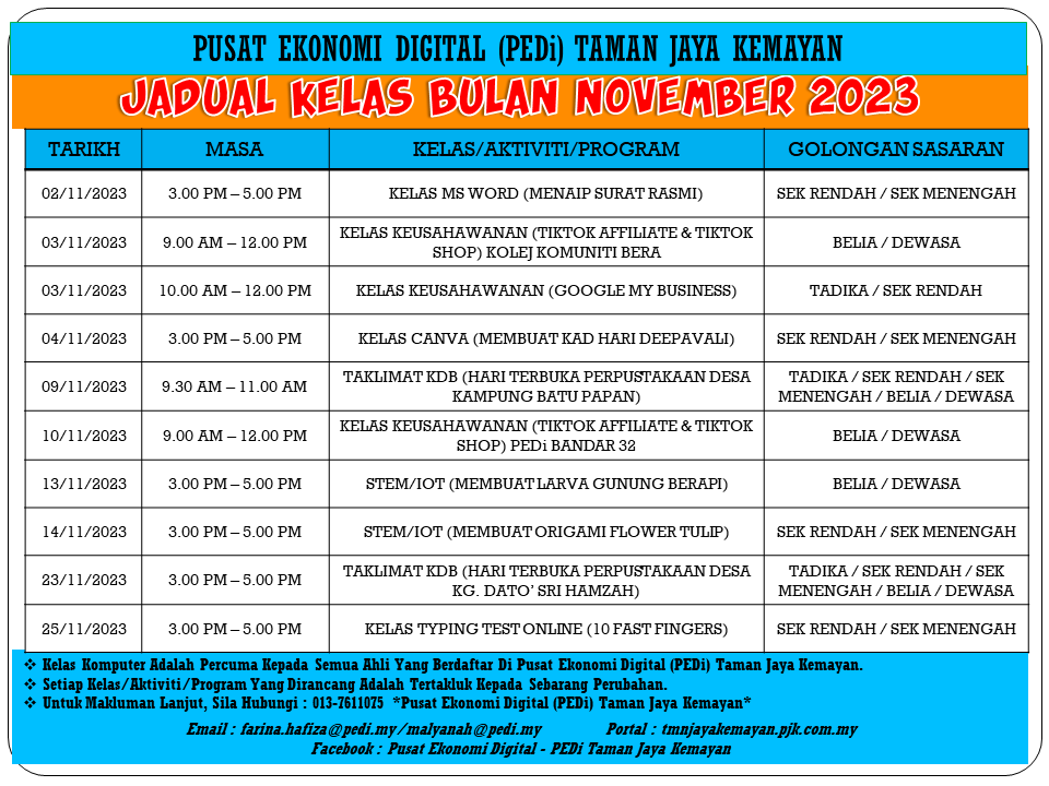 JADUAL KELAS BULAN NOVEMBER 2023