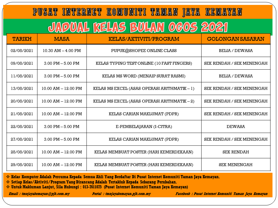 JADUAL KELAS BULAN OGOS 2021