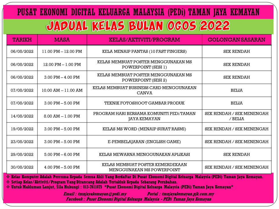 JADUAL KELAS BULAN OGOS 2022