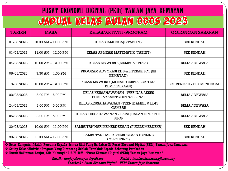 JADUAL KELAS BULAN OGOS 2023