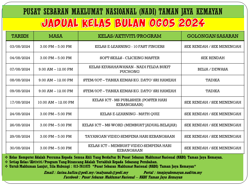 JADUAL KELAS BULAN OGOS 2024