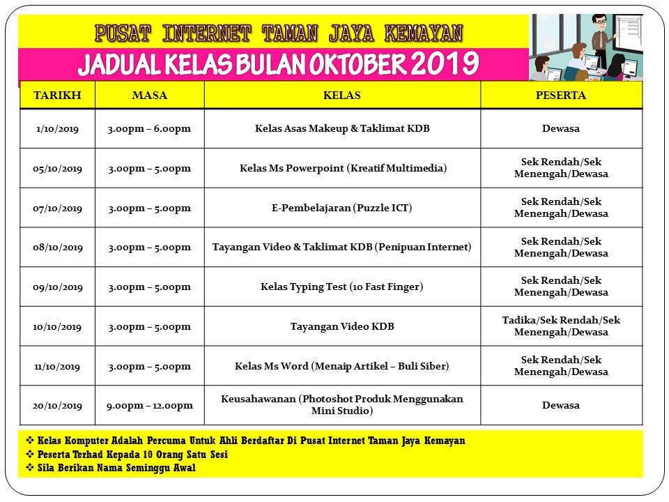 JADUAL KELAS BULAN OKTOBER 2019