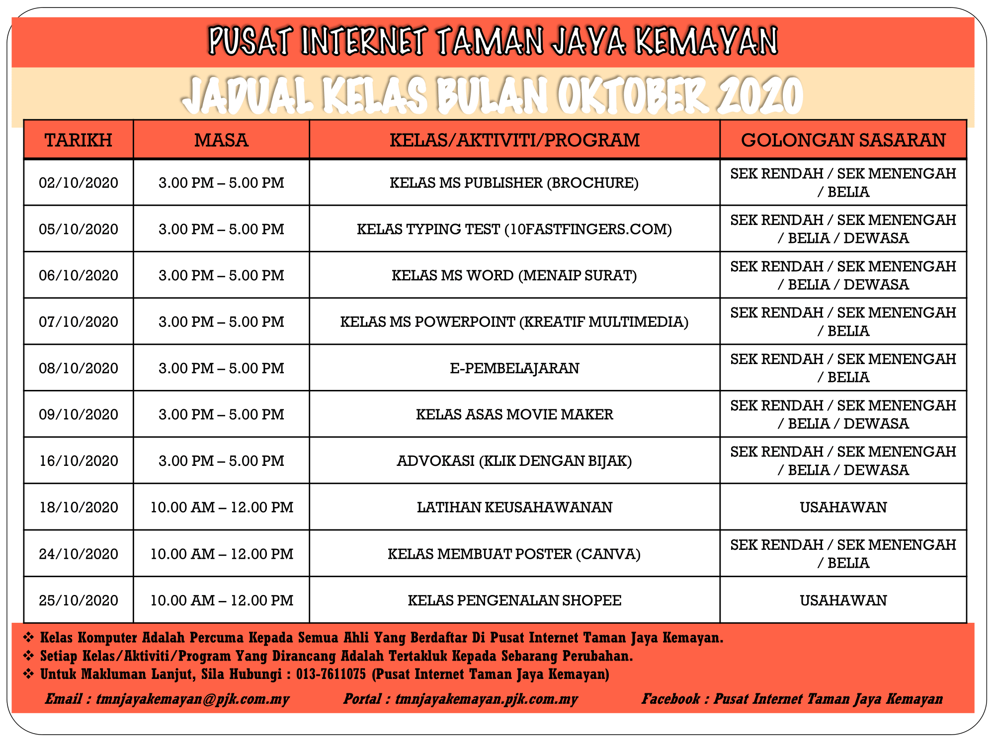 JADUAL KELAS BULAN OKTOBER 2020