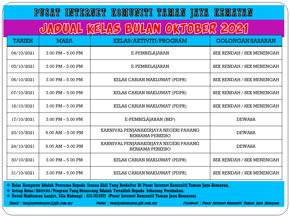 JADUAL KELAS BULAN OKTOBER 2021