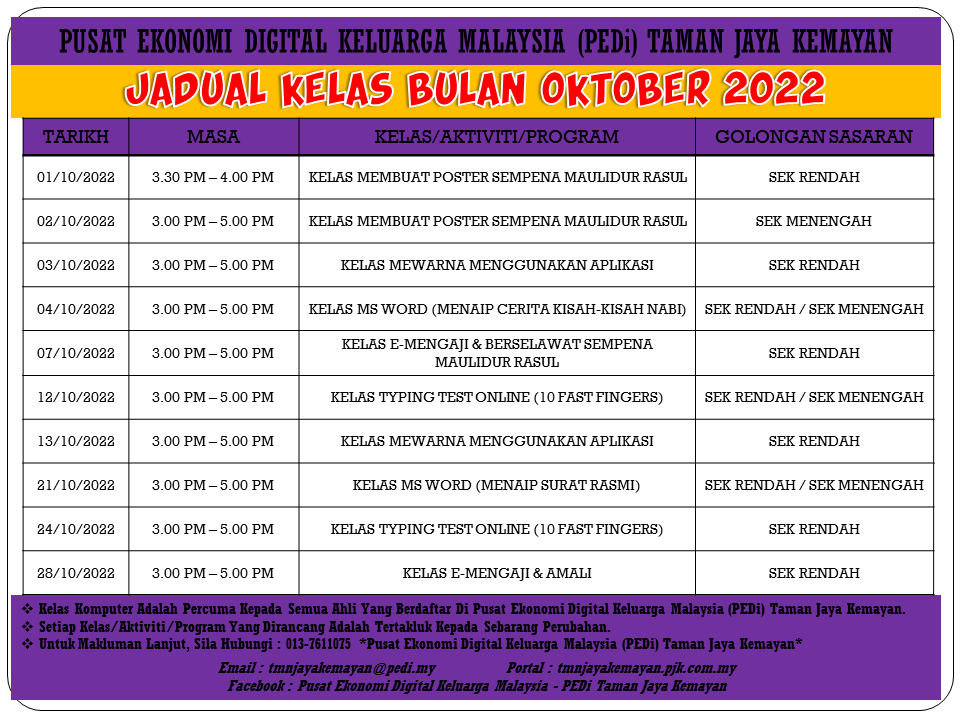 JADUAL KELAS BULAN OKTOBER 2022