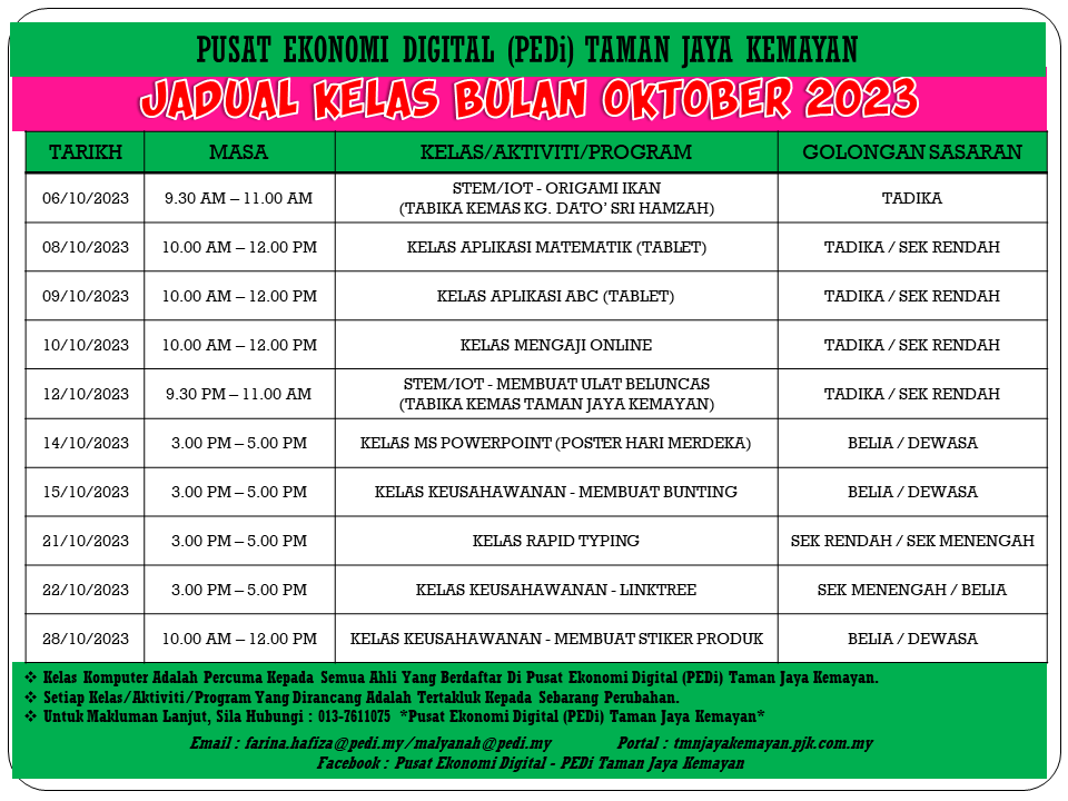 JADUAL KELAS BULAN OKTOBER 2023