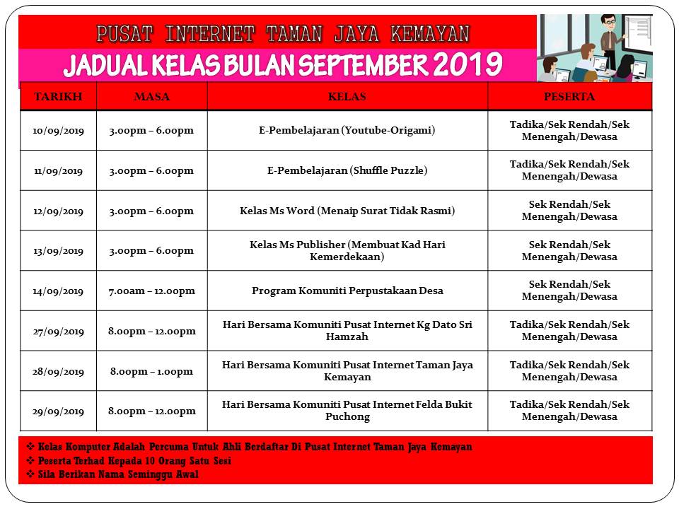 JADUAL KELAS BULAN SEPTEMBER 2019