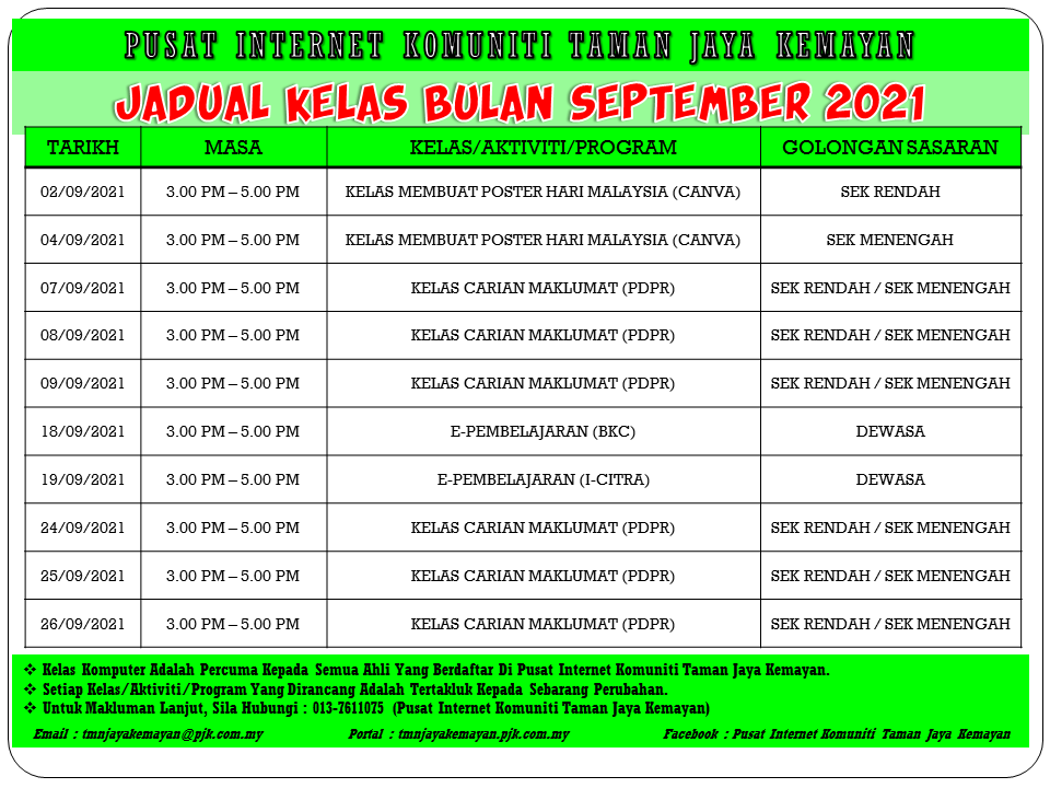 JADUAL KELAS BULAN SEPTEMBER 2021