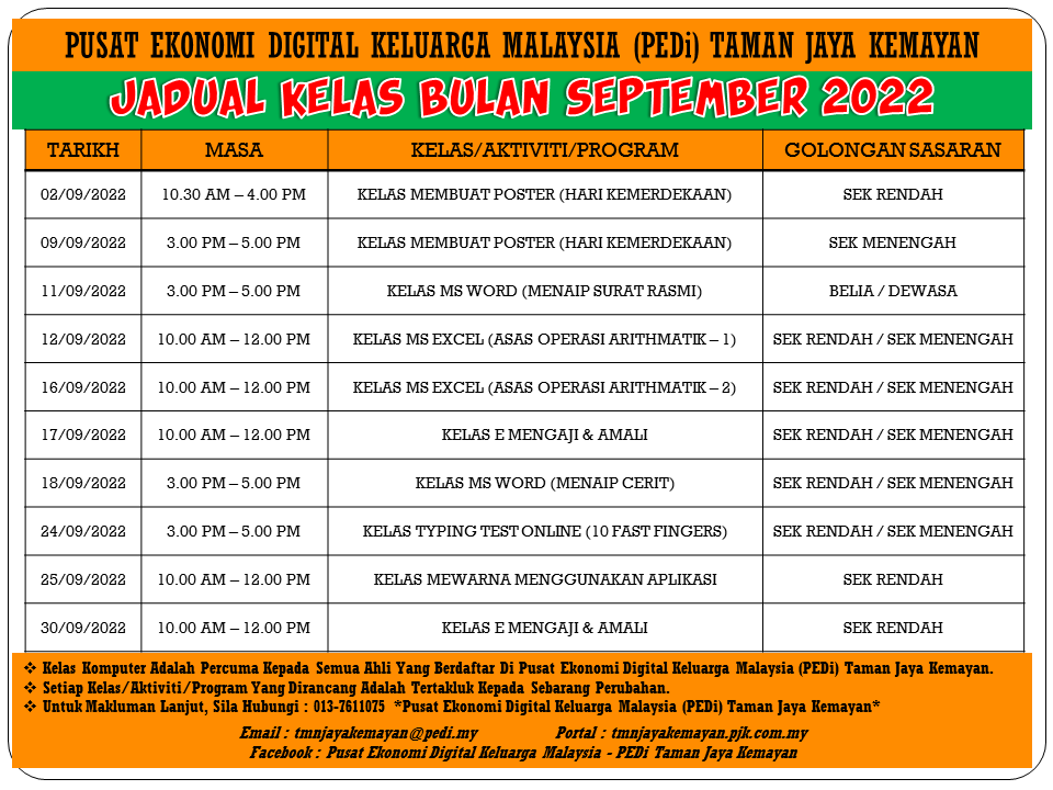 JADUAL KELAS BULAN SEPTEMBER 2022