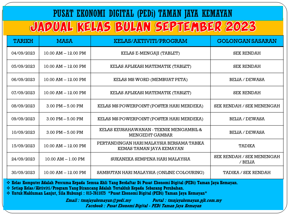 JADUAL KELAS BULAN SEPTEMBER 2023